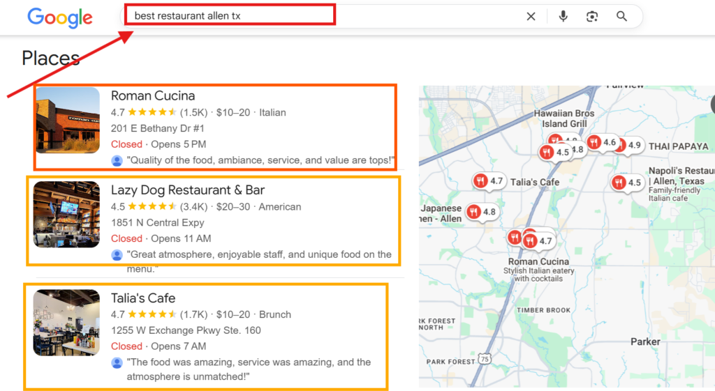 Map of Allen, Texas showing local SEO results